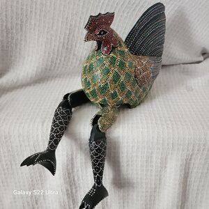 Vintage Carved Wooden ROOSTER Chicken Hand-Painted Hinged Shelf-Sitter 19”Folk